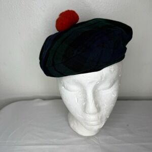 The Scotch House Traditional Tam O Shanter Flat Cap Green Plaid Hat Red‎ Pom